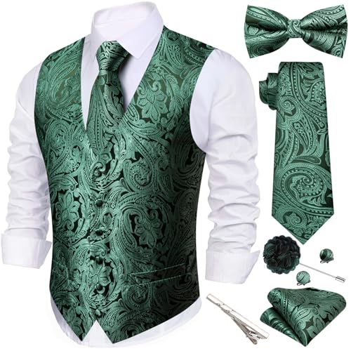 Image of Barry.Wang Men's Suit Vest Tie Bowtie Set Formal Silk Paisley Waistcoat Hanky Cufflinks Lapel Pin Set Wedding Party 7PCS