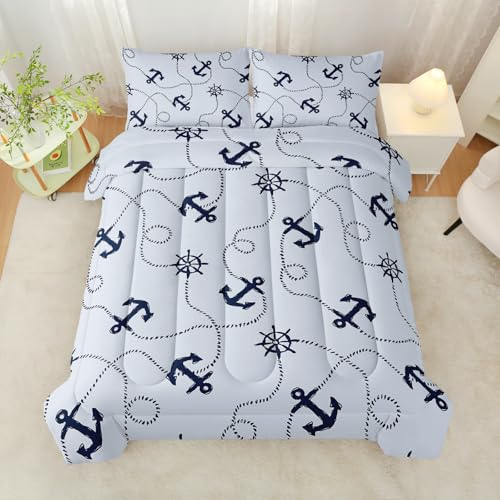 QOOMO Navy Adventure Pattern Kids Comforter Set, Nautical Anchor Bedding