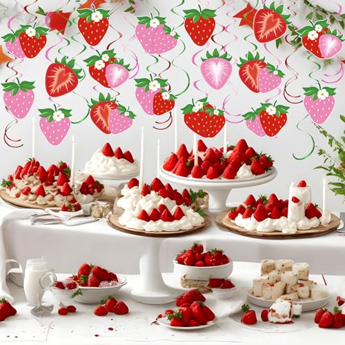 Image of 72 Pcs Strawberry Decor Berry First Birthday Decor Hanging Swirl Banner for Strawberry Party Decorations Baby Shower Party Supplies