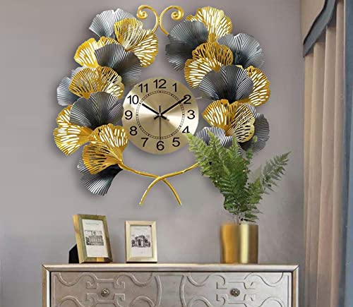 Relojes De Pared De Metal Grandes, Reloj De Pared Creativo Con Diseño De Hoja Ginkgo Wall Clock Silenciosos Reloj De Decor Sin Tic-Tac Para Sala De Estar Cocina Hogar,C Cover