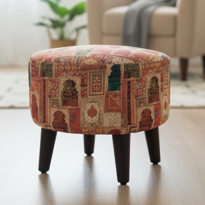Image of Wooden Ottoman Pouffe Stool - Beige Cotton Cushioned Footrest | Solid Wood Walnut Finish Multipurpose Side Stool for Living Room, Bedroom, Kids Room & Dressing Table
