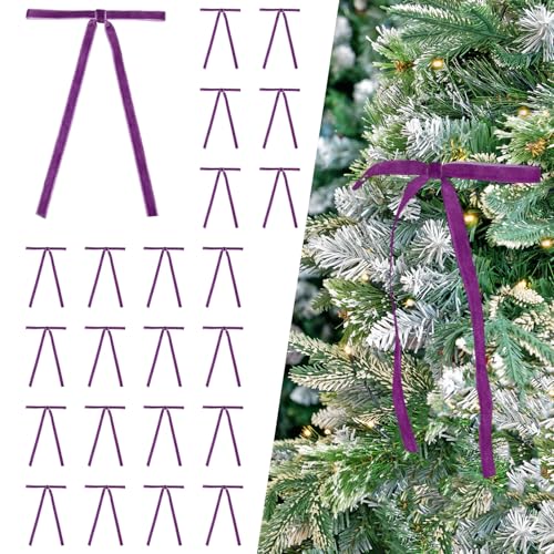 Image of 24 Pcs Purple Velvet Bows Ornaments for Christmas Tree, Vintage Rustic Elegant Velvet Christmas Bows Tree Decorations, Indoor Home Decor for Wreath Mantle Gift Wrap Holiday Decor, 3 /8'' W, 5 * 7 inch