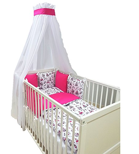 Babymajaweltu00ae Baby Bettwäsche Set, Bett Set 9 tlg. VOILE fürs BABYBETT 70x140 cm, Bettwäsche 100x135, Nestchen, Himmel Voile (Baldachim, Moskito) (TIPI Pink 13842)