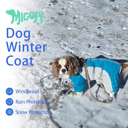 Image of MIGOHI Full Body Dog Coat，Warm Coats for X-Small Dogs | Windproof Winter Coat for Dogs with Harness,Turtleneck Dog Snowsuit with Legs,Reflective Puppy Fleece Puffer Jacket,XS,Turquoise