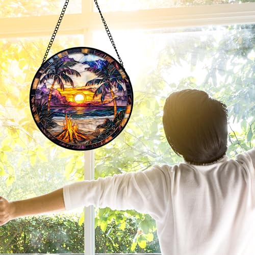 Image of DASTOLL Stained Glass Window Hanging,Bonfire Beach Landscape Suncatcher Diamond Glass Panel Sun Catchers Decor for Birthday for Women, Men, Wife, Aunt, and Mom 11.8x11.8 in
