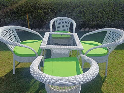 Image of Anaya Decor D-8 Chairs Table Set 4+1 Wicker Patio Furniture Sets 4 Chair and 1 Table with Cushions for Garden Balcony Bedroom Powder Coated Frame Uv Protected Wicker (Off White+Green)
