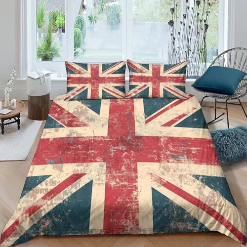 British flag Parure de Lit Microfibre Hypoallergique 3 pièces 3D Effet Facile d'entretien Vintage rétro design Linge de Lit avec 2 Taies d'oreiller Léger...