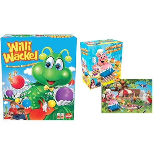 Set mit 2 Spielen: WILLI WACKEL + Schweine Schwarte Puzzle – Brett-, Action-, Geschicklichkeits- und Geschwindigkeitsspiele für Kinder – Neues Spieleset – Spielen mit Freunden – 2+ Spieler – 4+