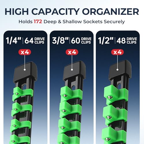 Image of Reniteco 12-Pack Socket Organizer Set, 1 /4 inch x 64 3 /8 inch x 60 1 /2 inch x 48 Clips | 172 Clip Capacity, Havy-Duty ABS Socket Rails, Removable Clips, Drive Socket Storage, Toolbox Drawer or Wall Mount