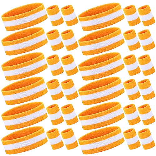 Image of Eurzom 36 Pcs Neon Sports Sweatbands Set Include 12 Striped Sweat Absorbing Headbands 24 Wristbands Athletic for Men Women Basketball Tennis Running Glow Party