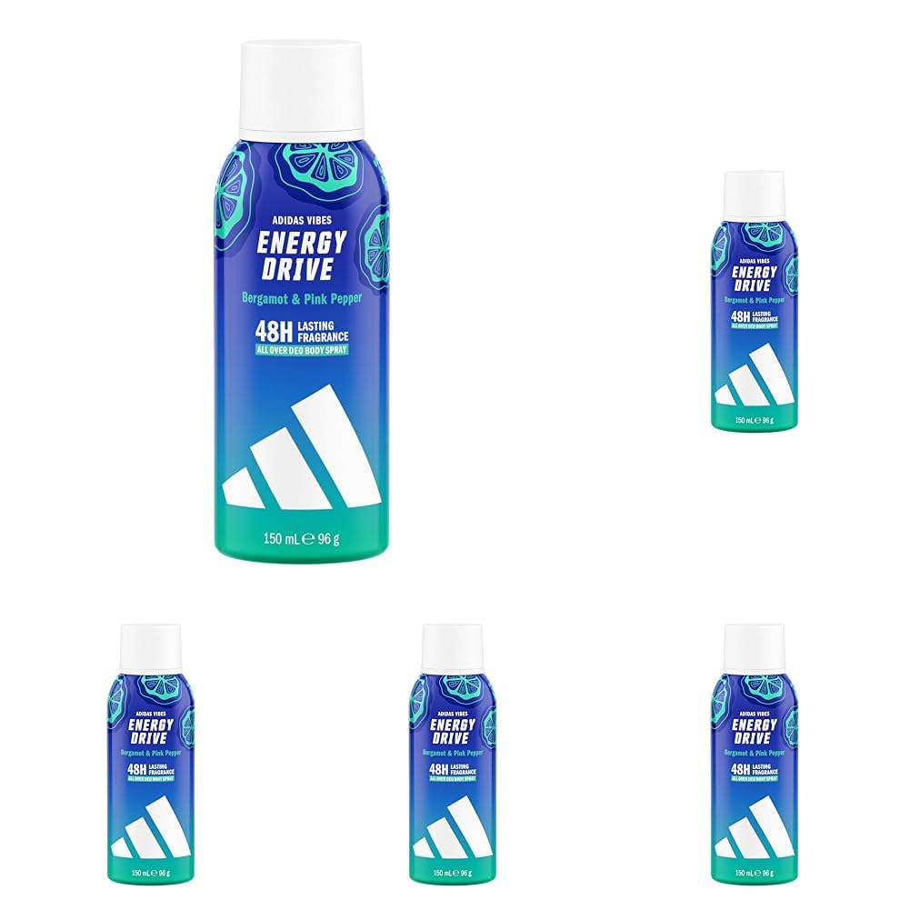 adidas Vibes Energy Drive All Over Deo Body Spray, 48 Stunden anhaltend, aromatischer Duft, Noten von Bergamotte und rosa Pfeffer, 150 ml (Packung mit 5)