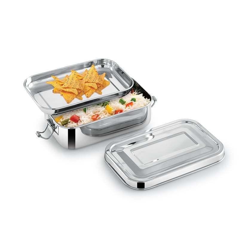 Image of Stainless Steel Lunch Box for Office School Use | 2-Compartment Tiffin with Locking Clip | Airtight & Leakproof Food Grade Steel Container | Lunch Box for Kids Men Women Girls Boys