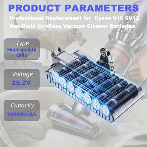 Image of Upgraded 10000mAh 25.2V Replacement for Dyson V10 Battery 7 cell 242151 206340 SV12 Battery Compatible with Dyson V10 Animal /Absolute /Motorhead /Cyclone Series Cordless Vacuum Cleaner with Filters