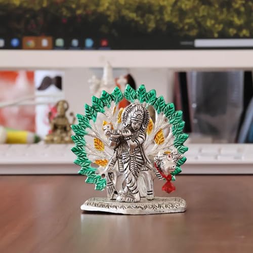 Image of KridayKraft Elegant Cowkrishna Murti - Divine Lord Krishna Idol for Home & Office Decor, Intricately Designed Pooja Statue & Spiritual Showpiece for Living Room, Bedroom, Temple (Silver)