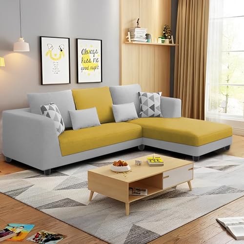 Image of Galib RHS 4 Seater L Shape Sofa Set for Living Room (Yellow Grey Fabric) Premium Fabric Sofa