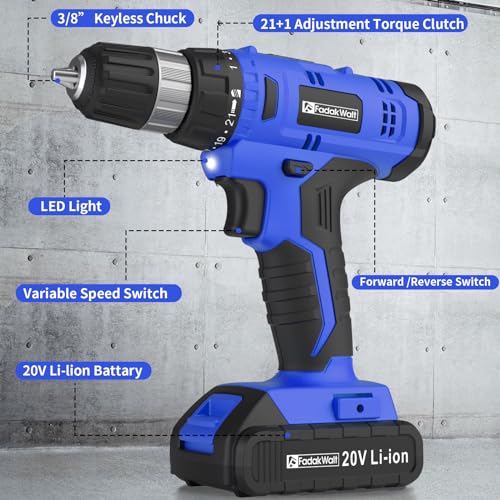 Image of FADAKWALT Cordless Drill Set, 20V Electric Power Drill with Battery And Charger, Torque 30N, 21+1 Torque Setting, 3 /8-Inch Keyless Chuck, LED Work Light, Complete Drill & Driver Bits Kit（blue)