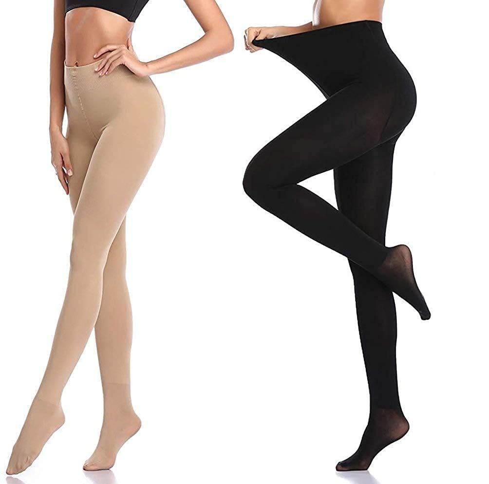 GenericNanoEdge Full Legs Stockings for Women & Girls Thigh-High Stockings Free Size (28 Till 34) Pack of 2 (Black & Skin)