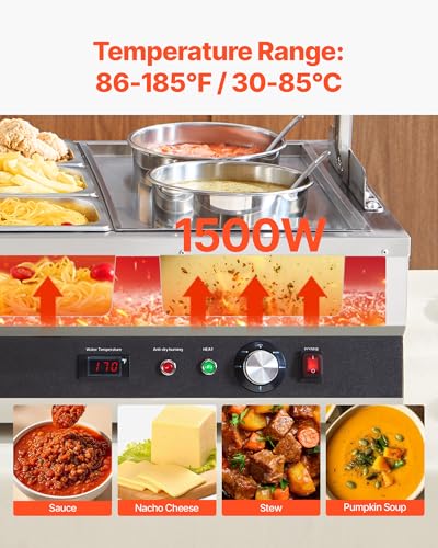 Image of VEVOR Electric Soup Warmer, Two 6.34QT Pots & Six 1 /3 Pans, Stainless Steel Commercial Food Warmer with 86~185F Adjustable Temp, 1500W Bain Marie with Cover, Soup Station for Restaurant, Buffet