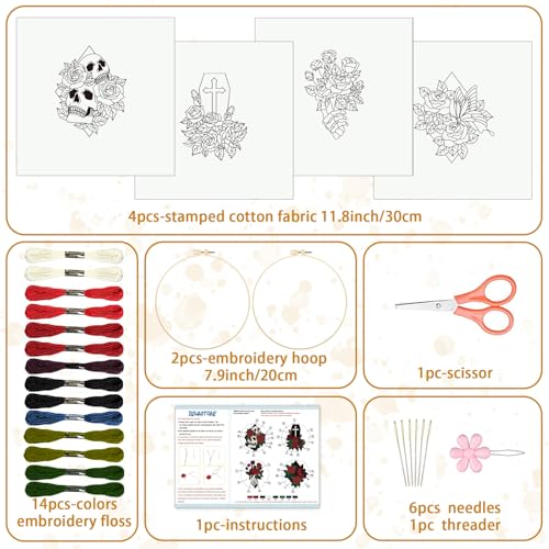 Image of BEUNITONE 4 Set Skull Embroidery kit for Beginners Flower Starter Kits Halloween Skull with Flowers DIY Needlepoint Kit for Adults with Instruction Rose Skull Handmade Embroidery Kits for Gifts