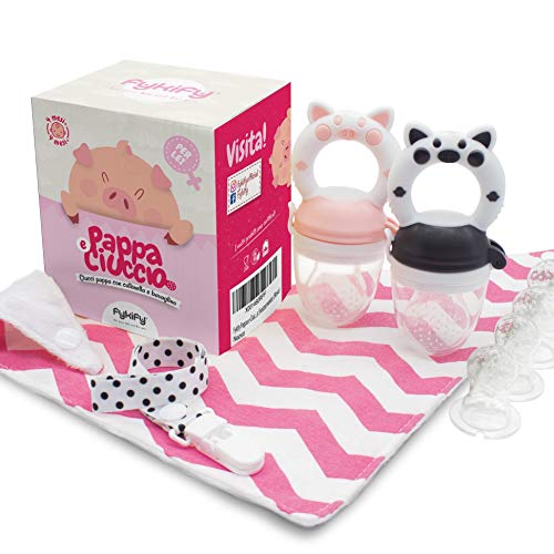 Ciuccio Frutta Neonato Silicone Per Alimenti - Set Pappa Svezzamento Dentizione Bambino -Tettarelle Massaggia Gengive Refrigerante - Catenella Clip Porta ciuccio - Bavaglino Bandana Cotone - 4 Mesi +