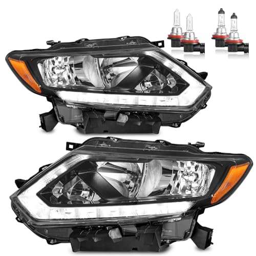 ROADEAL Halogen Headlights Assembly with LED DRL Strip for 2014-2016 Rogue Headlamp Replacement Driver & Passenger Side (NO PROJECTOR)