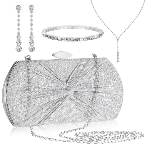 Blosssound 4 Pcs Silver Clutch Purse Jewelry Set for Women Includes Rhinestone Purse Silver Hand Bag Crystal Necklace Earrings Bracelets for Bridal Wedding Evening Party Accessories