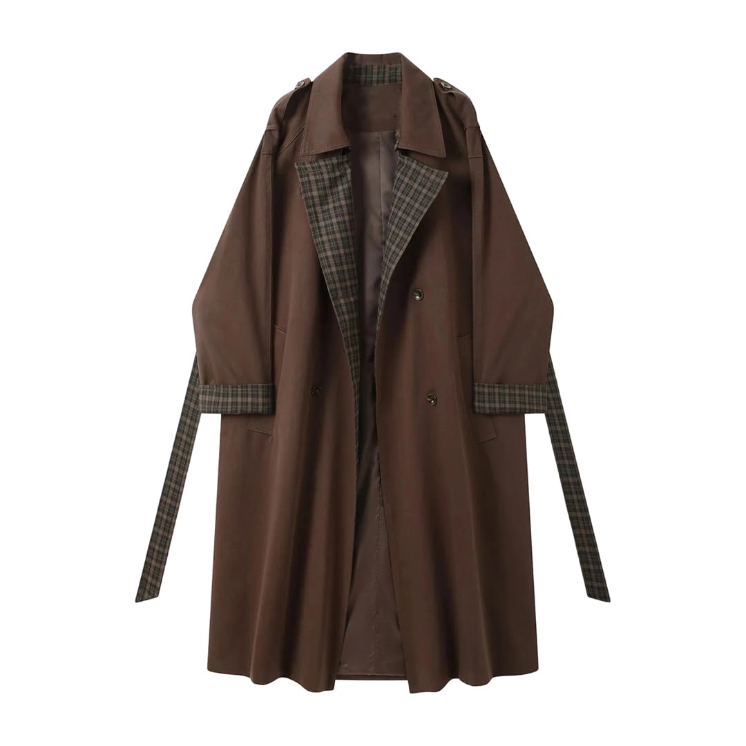 ERFMFKL Womens Retro Double Breasted Lace-Up Trench Coat Turn-Down Collar Oversize Long Sleeve Fall Jacket