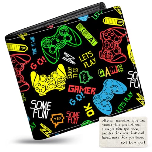 Boys Wallet for Kids, Teen Boy Gamer Wallets 9-12 8-10 8-12, Cool Novelty Leather Bifold Rfid Blocking Purse Coin Pocket Zipper Id Window for Children Male Youth Guys Gaming Birthday Christmas Gifts
