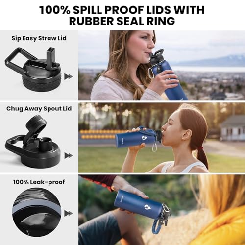 Image of RAYMYLO Insulated Water Bottle 40 oz, Triple Wall Vacuum Stainless Steel (Cold for 36Hrs, Hot for 18Hrs), Leak Proof & Non-BPA, Modern Water Flask Jug with Paracord Handle & Straw Spout Lids