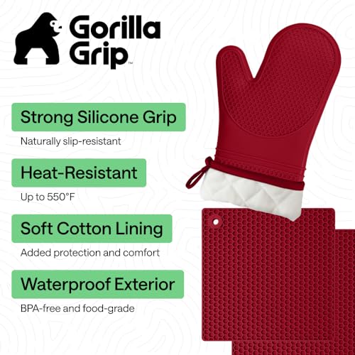Image of GORILLA GRIP BPA-Free Soft Silicone Oven Mitts and Pot Holders Sets of 4, Heat Resistant Waterproof Cooking Gloves, Thick Cotton Lining, Flexible Gripping for Baking Grilling, Kitchen Trivets, Red