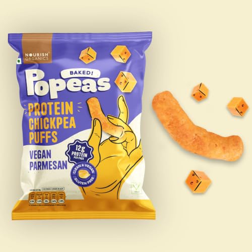 Image of Nourish Organics Vegan Parmesan Protein Puffs | 12g Plant Protein per Pack | Baked, Not Fried | Chickpea, Brown Rice & Maize-Based | Cashew & Nutritional Yeast Seasoning | No Maida, No Palm Oil | Gluten-Free Savoury Snack | 60g (Pack of 4)