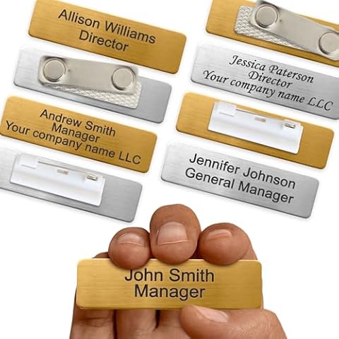 Custom Engraved Name Tag Badges Identification Personalized with Pin or Magnetic Backing, Metal Name ID for Clothing Brushed Gold & Silver Plates with Black Letters for Business or Employees Cover