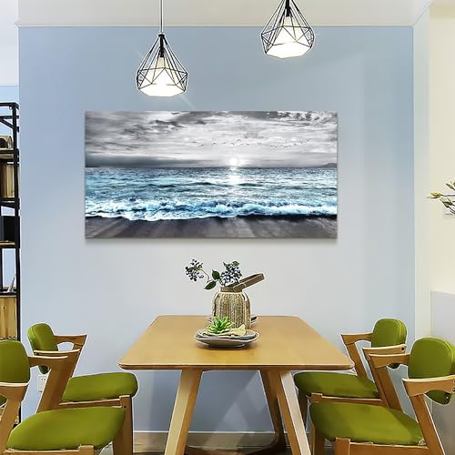 Canvas Wall Art For Living Room Wall Decorations For Bedroom Office Wall Decor Black And White Wall Painting Blue Ocean Sea Wave Pictures Artwork For Modern Framed Beach Posters Home Decor 20"X40"