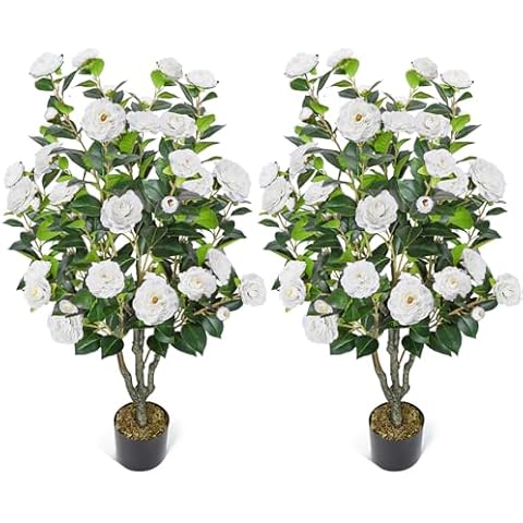 2 Pack Artificial Camellia Plant 42 in Tall Flowers Trees with 36 White Flowers Faux Camellia Fake Tree for Outdoor Indoor Home Porch Front Door Winter Cover