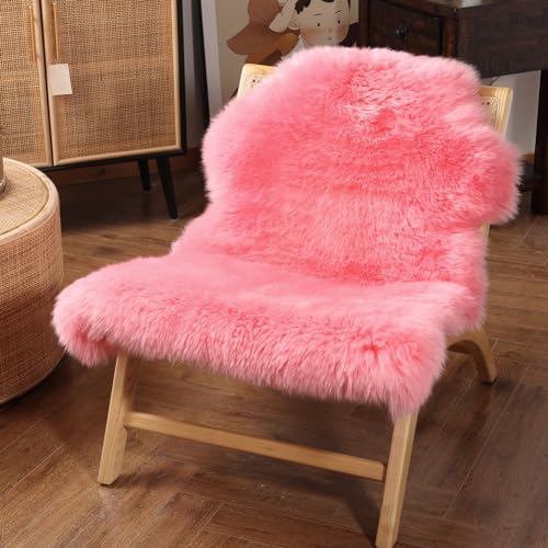 Premium Genuine Fur Sheepskin Rug Real Australia Sheepskin Natural Luxury Fluffy Lambskin Fur Area Rug Seat Covers for Kids Bedroom Sofa Chair Cover (Pink, Single Pelt/2ft x 3ft)
