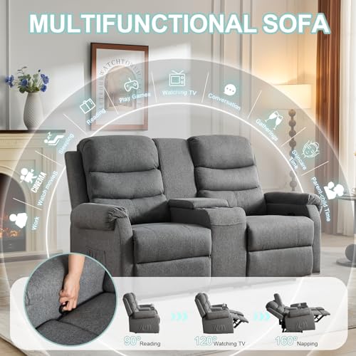 SAMERY Loveseat Recliner Sofa, Manual Recliner Chair Loveseat Sofa Small Couches for Small Spaces Living Room RV Theater Seating with Storage Console, Cup Holder, Side Pockets, Pillow (Gray, 66") - Thumbnail 3