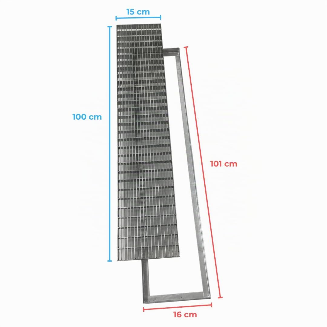 EINSIDE Grille en acier galvanisée anti-talon, Grille rectangulaire pour la collecte et évacuation des eaux pluviales, 15 x 100 cm