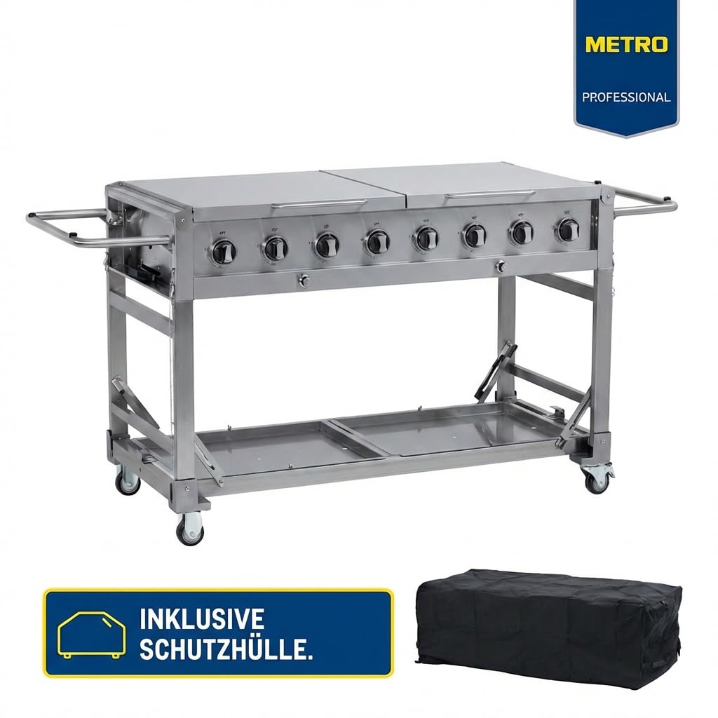 METRO Professional 8-Brenner Gasgrill, Grillfläche 49 x 120 cm, Ablagetisch, fahrbar, Schutzabdeckung, Edelstahl, silber