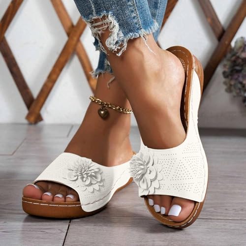 Chic Flowers Orthopedic Sandals for Women,Orthopedic Wedge Sandals for Women Arch Support Fish Mouth Open Toe Leather Slippers,Leather Floral Breathable Slide Sandals,Wedge Platform Shoes2