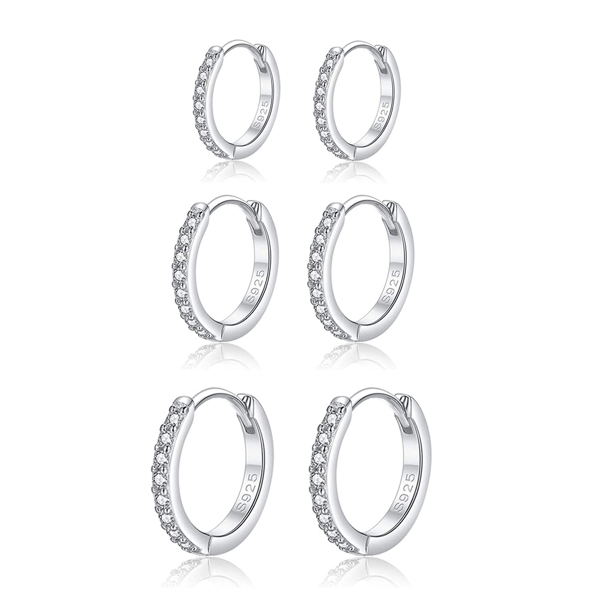 Hasnsofie Creolen Silber Damen Ohrringe, 3 Paare 925 Sterling Silber Creolen Ohrringe Set, Hypoallergen Klein Schlafen Creolen Ohrringe mit AAA Zirkonia, Silber Kreolen Ohrringe Set in 10, 12, 14mm
