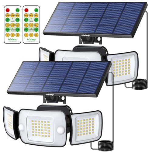 intelamp Focos Exterior Solares, 6000mAh Doble Sensor 270°Iluminación Sensor de Movimiento, 6500K, IP65 Luz Solar Exterior Jardin Lampara Solar con Mando a Distancia para Jardín, Garajes, 2juego