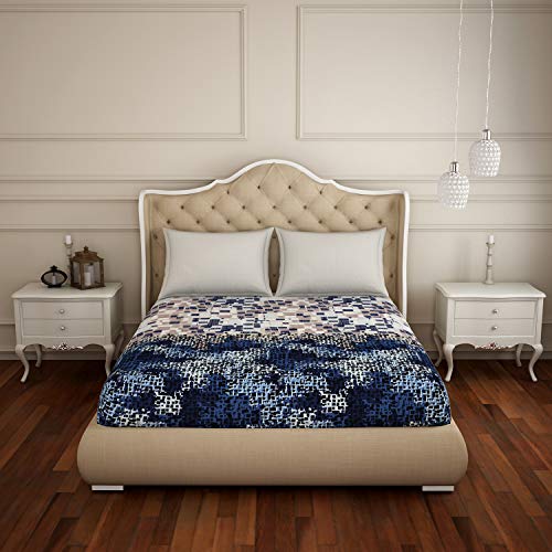 Image of Spaces Atrium Plus 210 TC 100% Cotton Queen Size Fitted Double Bedsheet with 2 Pillow Covers (Abstract, 60 inch X 78 inch Inches ) - Blue