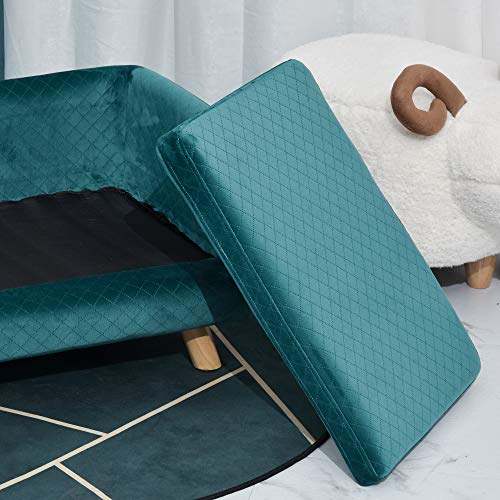PawHut Hundesofa für Hunde, skandinavisches Design, weiches Kissen, Füße aus Massivholz, Maße: 64 x 45 x 36 cm, Velours, Entenblau