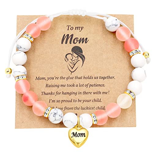 Image of Uloveido Natural Stone Mom Heart Charms Beaded Bracelets for Mum from Son or Daughter With Massage Card and Box | Mothers Day Jewelry Gifts