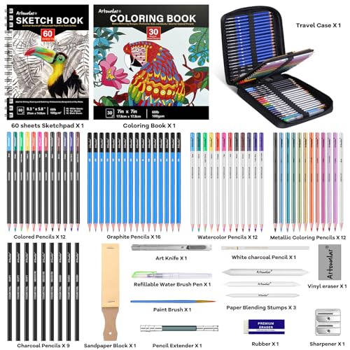 Artownlar-76-Art-Set-Drawing-Supplies-Pro-Sketching-Kit-for-Artists-Adults-Teens-Kids-Sketch-Book-Coloring-Book-Graphite-Charcoal-Watercolor-Metallic-Colored-Pencils-in-Gift-Case