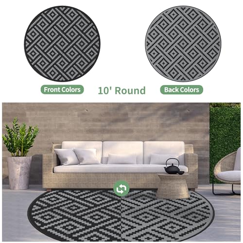 Image of GENIMO Outdoor Rug, Waterproof Plastic Rugs for Patio, 10' Round Black Grey