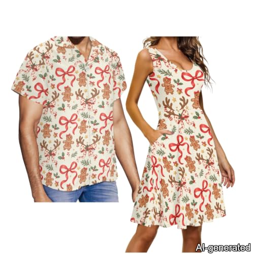 Image of Dreaweet Summer Dresses for Women A-Line Sleeveless Flowy Sun Dresses,Men's Casual Button-Down Shirts,Couple Matching Outfits