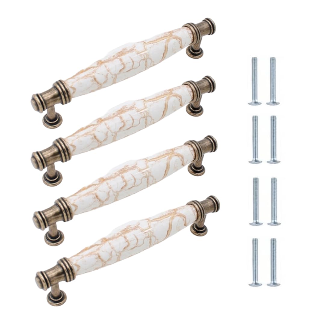 Lqzaxsrdr 119*35Mm Ceramic Cupboard Drawer Handle Knobs, Ceramic Zinc Alloy Door Knobs Cabinet Handles Fine Yellow Marble Multiple Sizes 4 Pcs(119 * 35Mm)