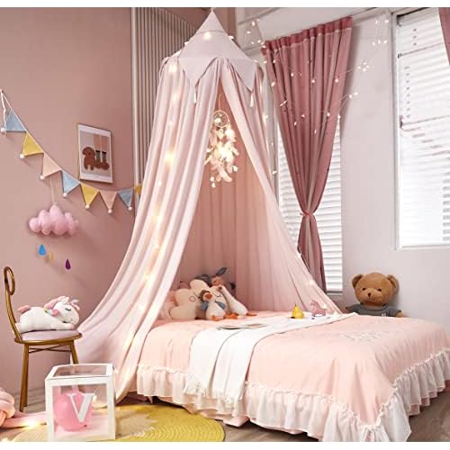Akiky Bed Canopy for Girls with Lights Princess Dream Catcher for Kids Reading Nook Bed Tent for Twin Full Queen Size Bed,Room Decor (Beige Pink)