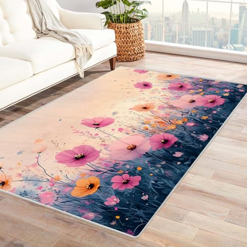 BOHUO 3D Alfombra de Pelo Corto para salón Flores Flores Silvestres de Colores Modernas de Interior Alfombra de Piso para Sala de Estar Dormitorio Carpet（Rosado-210x270cm